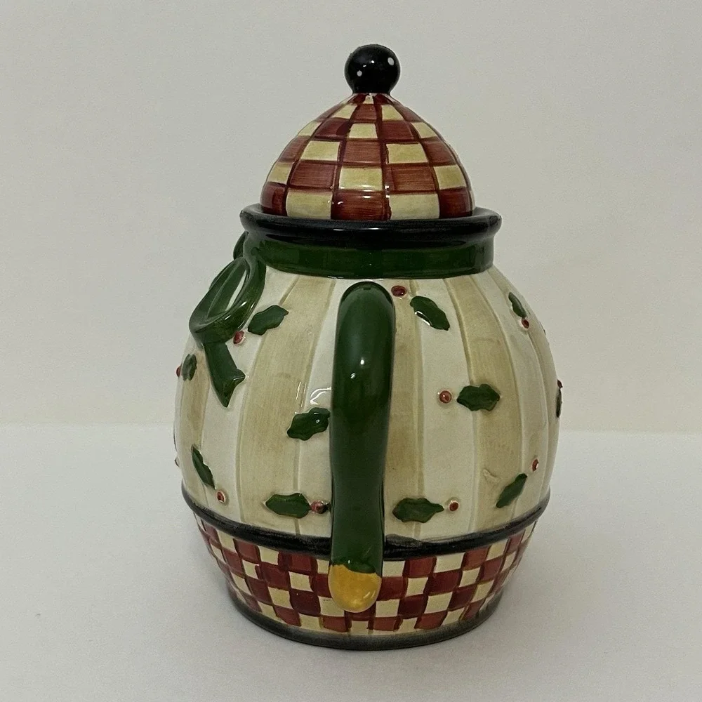Debbie‎ Mumm Sakura Mini Teapot Christmas Holly Checkerboard Hand Painted